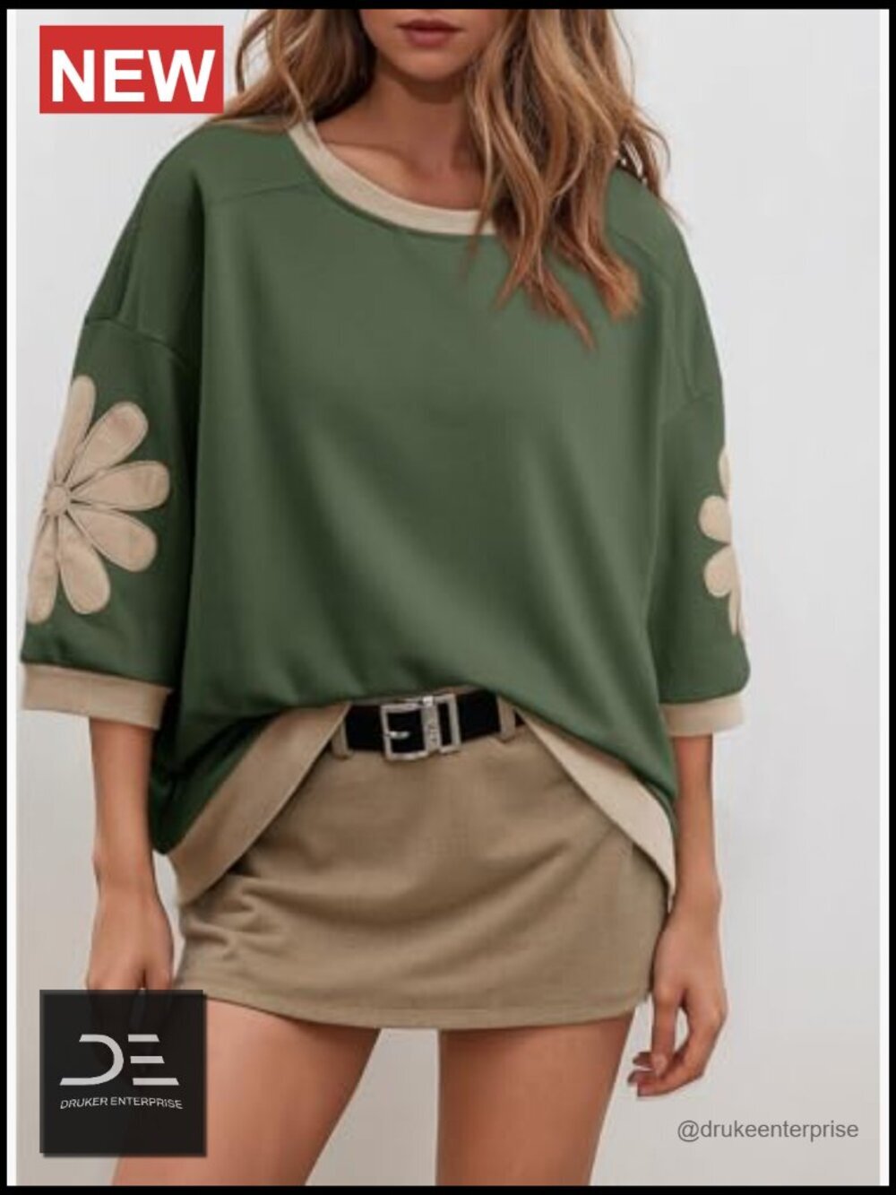 Oversized 3/4 Sleeve Floral Patch Crewneck Pullover Sweatshirt - Picture 2 of 7